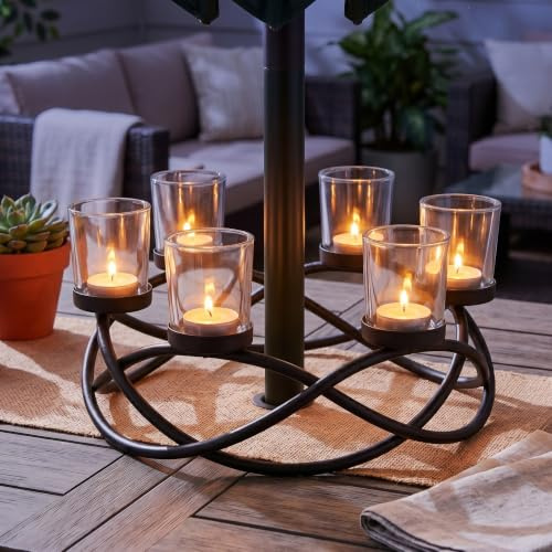 Seraphic Iron Round Table Decor Centerpiece Decorations Candle Holder for Weddings, Patio, Kitchen, Dining Room, and Coffee Tables, Glass Votive Tealight Holders, Black, 6 Clear Cups