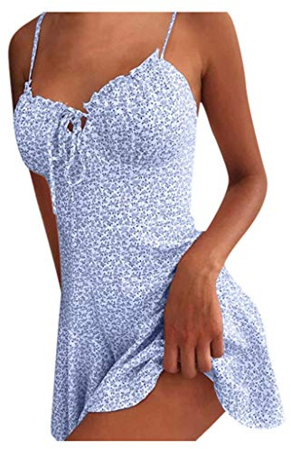 Robe Femme à Bretelles Volant Mini de Soirée Sexy Dos Nu Fleurie de Plage Courte Décontracté de Cocktail Chic sans Manches Trapèze
