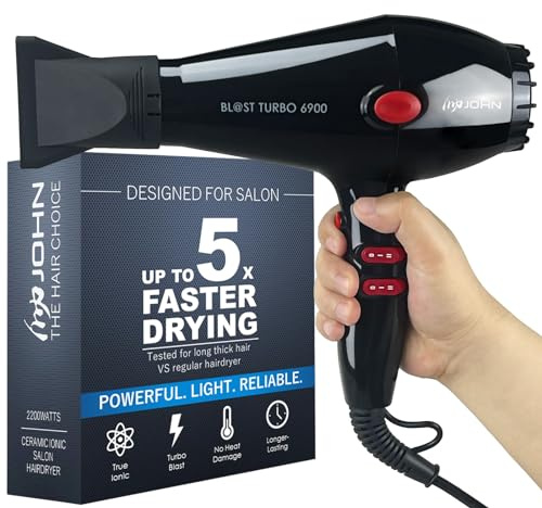 JOHN Professional Hair Blow Dryer, Fast Drying Powerful 2200W, Ionic for No Damage to Hair, Blast Turbo 6900, Black
