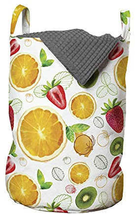 ABAKUHAUS Früchte Wäschesack, Frische Zitrus Kiwi Lemon, Wäschekorb mit Griffen Kordelzugverschluss für Waschsalons, 33 cm breit x 49 cm hoch, Erde Gelb Lindgrün