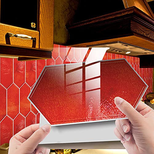 24/48pcs Bathroom Marble Wall Tile Stickers, Hiser DIY Rectangle Marble Mosaic Brick Decals Sticker for Kitchen Living Room Bathroom Home Decor Self-Adhesive (Red,24pcs)
