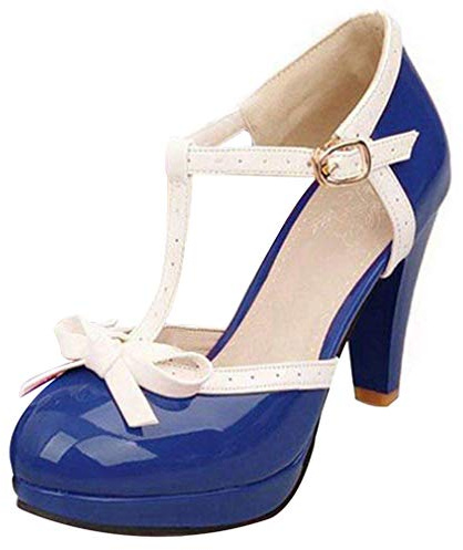 LOVOUO Mary Jane - Cordino da donna, laccato, tacco quadrato, blocco alto, piattaforma con fiocco scarpa, fibbia 9 cm, blu royal, 40 EU