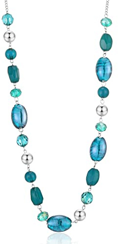 FULU AUTUMN Long Silver Beaded Necklace for Women Chain Necklace with Shell Crystal Pearl Beads Fashion Jewellery Gifts for women(10-Sea green)