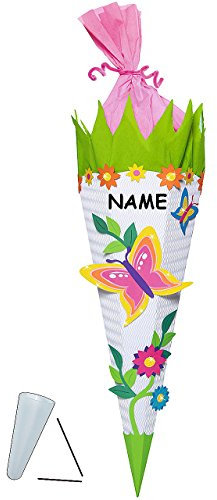 alles-meine.de GmbH BASTELSET Schultüte - Schmetterling Blumen - 85 cm - incl. Namen - mit/ohne Kunststoff Spitze - Zuckertüte zum selber Basteln - 6 eckig Blumenranke Mädc..