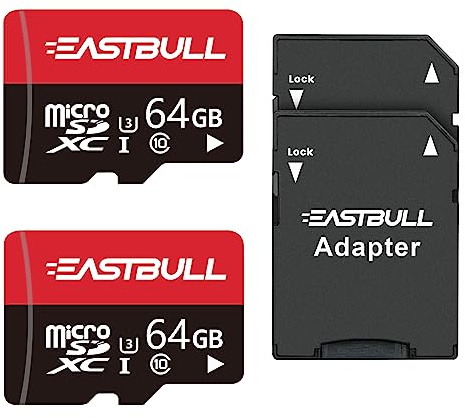 EASTBULL Carte Micro SD 64 Go, Carte Mémoire microSDXC + Adaptateur SD, Smartphones Ordinateurs de Bureau et Drones. A1 U3 C10 V30, Full HD et 4K UHD, Carte TF Lot de 2 Cartes + 1 Adaptateur
