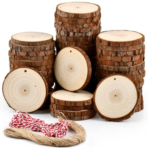 CENBEN 50Pcs Natural Wood Slices with Holes, 6-7cm Wooden Log Slices for Crafts, Wooden Circles with Natural Jute Twine for DIY Crafts Christmas Decorations Ornaments Wedding Favours