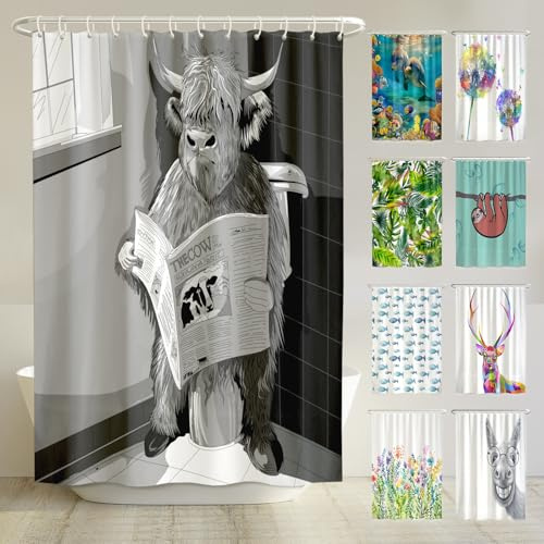 arteneur® - Beschäftigte Kuh - Anti-Schimmel Duschvorhang 180x200 - Recycelt mit Öko-Tex Standard 100 - Beschwerter Saum, Blickdicht, Wasserdicht, Waschbar, 12 Ringe & E-Book