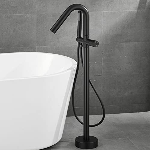 Robinet de baignoire en laiton monté au sol, robinet mitigeur de baignoire, robinet de baignoire autoportant avec douchette, bec pivotant à 360°, robinet de baignoire à poignée unique, noir, noir