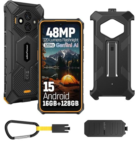Ulefone RugKing 3 Pro Cellulare Android 15, 5700mAh AI Rugged Smartphone 16GB+128GB/SD-2TB, Octa-Core 48MP+8MP Telefono Impermeabile 6.56 120Hz, 120LM Super Torcia/3-Slots/OTG/NFC/GPS Orange