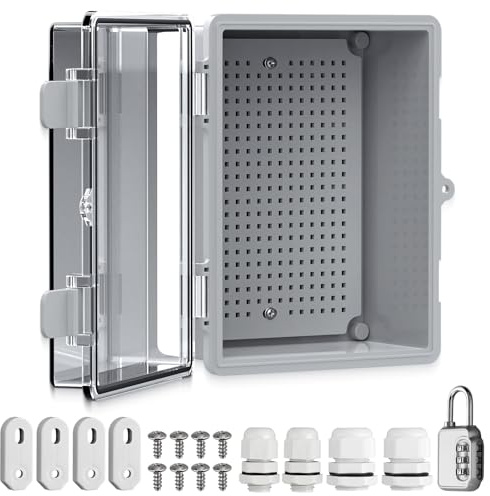 Kamtop Wasserdichter Verteilerkasten IP67, Anschlussdose Wasserdicht, 3mm ABS Kunststoff Verteilerkasten außen, 22×17×11cm Stromkasten mit Montagezubehör & Zahlenschloss, Transparent Schaltschrank