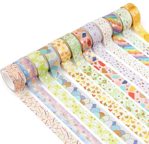 12 Rotoli Washi Tape Set,15 MM X 3 M Scotch Colorato,Colorato Washi Tape,Foglia D'oro Con Motivo Floreale Adatto Per Diari Fai Da Te,Album Di Ritagli,Confezioni Natalizie,Agende