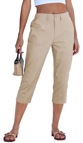 GRAPENT Women's Wear to Work Pants Capris Stretch Capri Pants for Women Womens Capris High Waisted Pantalones para Mujer for Women Dressy Casual Creamy Beige Size 12 to 14