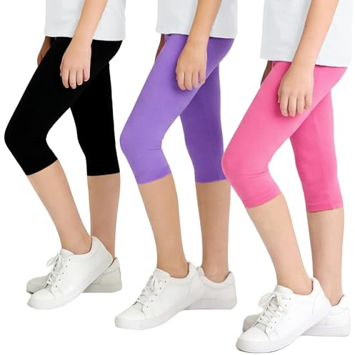 JinBei Fille Leggings Capri 3/4 Été Extensible Respirants Coton Court Pantalon Filles Lot de 3 Confortables Ceinture Élastique Cycliste Loisirs Sport Legging Enfant 7-8 Ans, Rose Violet Noir