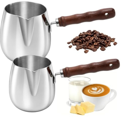 Dicunoy 2 PCS Turkish Coffee Pot, Milk Butter Warmer Pot 13.5 Oz/20 Oz | 18/8 Stainless Steel Greek Arabic Coffee Make, Milk Pot for Stove with Wooden Handle, Stovetop Warmer for Tea Hot Chocolate