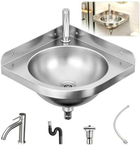 Stainless Steel Corner Sinks, Wall Mounted Triangular Basin with Hot & Cold Water Taps, Drain Assembly, Drain Pipe and Hose, Single Bowl Hand Wash Basin for Kitchen,Bathroom,Toilet, RV,Boat,Garage