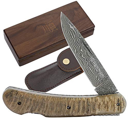 YOUSUNLONG Couteau Pliant de Poche - Lame en Acier Damas Total 175 mm - Couteau de Survie avec étui en Cuir - Manche en Corne d'antilope