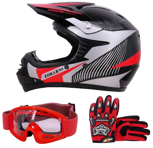 Zorax ZOR-X19 Youth Motocross Helmet & Gloves & Goggles | Red XL (55-56cm) - Gloves XL(8cm) Junior Dirt Bike Off Road Motorcycle Crash Helmet ECE 2206