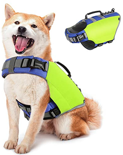 Pawaboo Chaleco Salvavidas para Perros, Chaleco de Seguridad Ajustable para Mascotas con Asa & Banda Reflectante, Abrigo para Natación Flotante Duradero para Nadar,Surf,Navegar, Amarillo Brillante, M