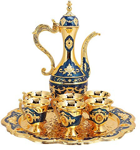 Alvinlite Vintage türkisches Kaffeekannen-Set, türkisches Tee-Set mit 6 Kaffeetassen, Goldener Wein-Dekanter und Gläser-Set, türkisches Kupfer-Kaffeetassen-Set für Home Tea Party(Blau) teeset