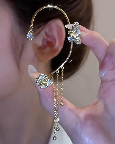 Butterfly Zircon Earrings, Sparkling No-Piercing Ear Clips, Long Ear Cuffs - Golden