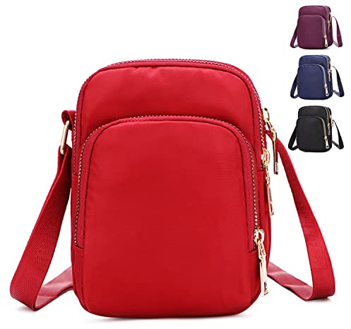 Spolife Cross Body Phone Bag Women, Women Girls Zipper Cross Body Phone Bags,Nylon Wallet Shoulder Bag,3 Layers Zipper Cellphone Purse with Adjustable Strap. (Red)