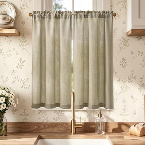 TOPICK Cortina de Cocina con Gasa Beige con Bolsillo para Varilla Aspecto de Lino Translúcidas Aptas para Cortinas de Bistro Casa Campo Salón Ventanas Pequeñas Juego de 2 Unidades 63 x 90 cm