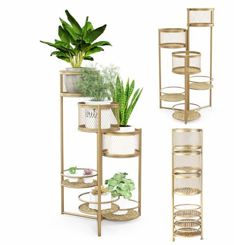 GOPLUS 6-stöckiger Metall Pflanzenständer, drehbarer Blumenständer, klappbarer Blumentopfhalter, Blumentopfhalter, Pflanzenhalter, für den Innenbereich (Gold)