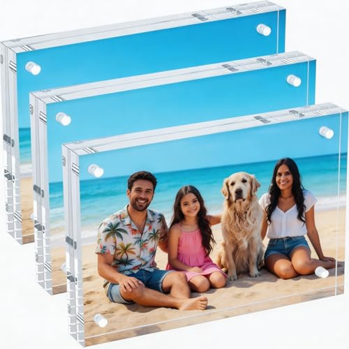 hansanti 3 Packs 4x6 Inch Acrylic Picture Frames, 20mm Thickness Magnetic Photo Frame, Clear Freestanding Double Sided Frameless Transparent Tabletop Acrylic Frame Stand for Desktop Display