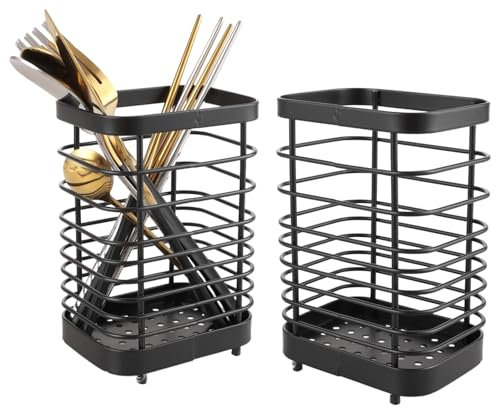 CYEER 2 Stück Utensilienhalter Edelstahl, Besteckkorb Metall Besteckhalter Küchenutensilienhalter für Küchenarbeitsplatten, für Essstäbchen, Löffel, Messer und Gabeln oder Büroartikel（Schwarz, 15cm）