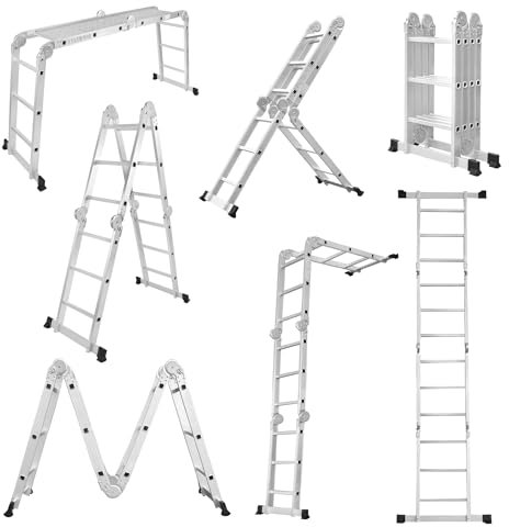 LARS360 7 in 1 Mehrzweckleiter 340cm Alu Leiter Multifunktionsleiter 4x3 Stufen Klappleiter Gelenkleiter Haushaltsleiter mit Plattform & Räder, Anlegeleiter Stehleiter, belastbar bis 150kg, Silber