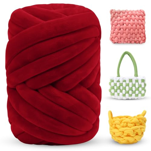 LEREATI Thick Chunky Yarn for Arm Knitting Jumbo Tube Soft Chunky Knit Blanket Velvet Yarn for Crocheting Handbags Hand Knitting Pet Bed Rugs Pillows Crafts (500g, Red)