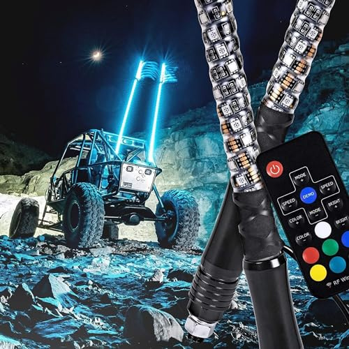 LNNW Lumières de fouet RVB de 2 pieds, lumières de fouet flexibles à LED avec télécommande et mât de drapeau éclairé par avertissement tout-terrain (2 pièces) pour camions,Dune Buggy Tout-Terrain