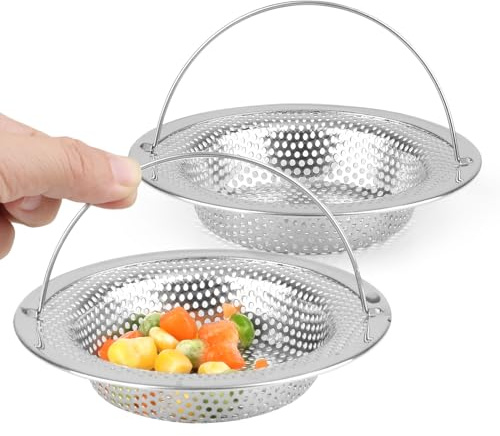 RAFIYU Dräneringssil i rostfritt stål, diskbänk med handtag, dräneringssil, diskbänk, sil, avlopp, diskho, stoppningsskydd kök – 11 x 8 x 2 cm – 2 stycken