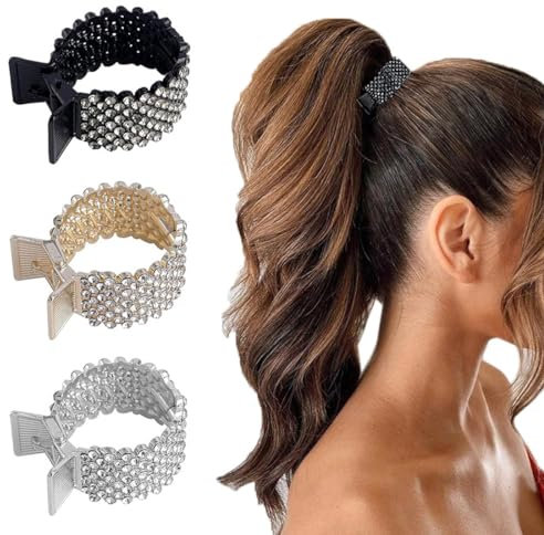3 Stück Haarspangen Damen Haarklammer Metall, Strass Haarspangen Halter Hoher Pferdeschwanz Rutschfest Modische für Dickes Dünn Haar (Gold, Silber, Schwarz)