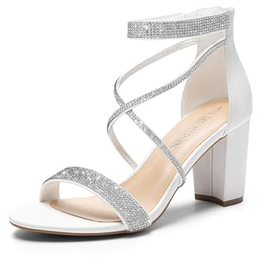 DREAM PAIRS Women's Heels Chunk Low Heel Pump Sandals Ankle Strappy Dress Heeled Sandals for Wedding Evening,Size 5,White-Pu,SDHS2499W