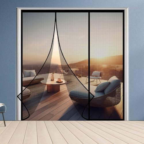 Falttür Fliegenschutz 205x200cm Fliegenvorhang Magnetvorhang Insektenschutz Türvorhang, Ohne Bohren, für Balkontür/Terrassentür/Garage Schwarz