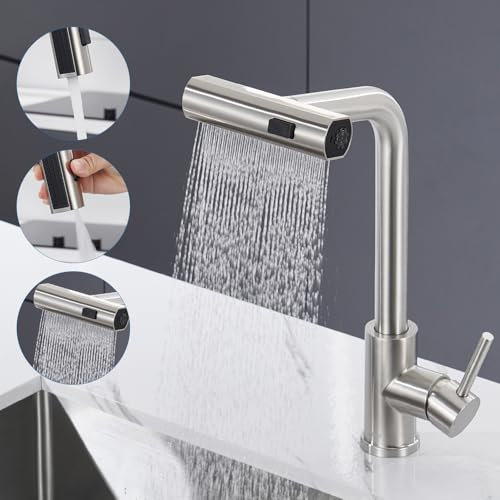 Ulytid Wasserhahn Küche Ausziehbar, Küchenarmatur mit Brause Ausziehbar 3 Modus, Hochdruck Armatur Küche Edelstahl Gebürstet, Mischbatterie Spültischarmatur 360° Drehbar, Einhebelmischer Wasserfall