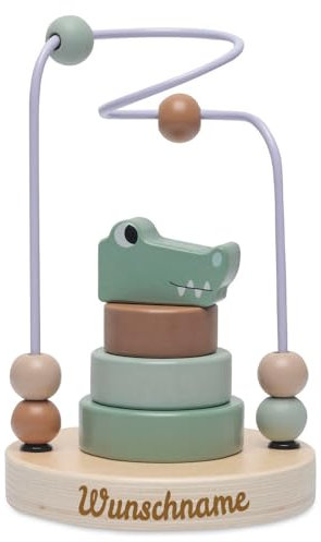 Elefantasie Motorikschleife aus Holz PERSONALISIERT inkl. Steckspiel mit Namen graviert Geschenk zur Geburt Krokodil
