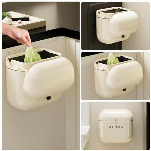 UFORU 2.4gal/9L Compost Bin Kitchen for Counter Top or Under Sink, Plastic Hanging Trash Can with Lid, Wall Mounted Garbage Can for Bathroom, Office, RV