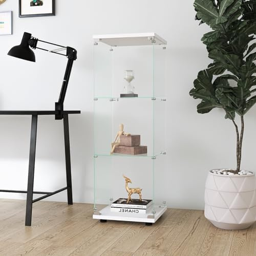 Vitrin av glas, hyllskåp, golvförvaring, transparent, modernt vitrinskåp, för bar, vardagsrum, sovrum, kontor (vit, 3 våningar, 125 x 42 x 36 cm)