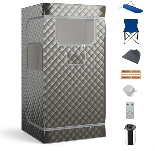 COSTWAY Sauna à Vapeur Portable 3L avec Chaise Pliable (Gris) | Tente de Sauna pour 1 Personne avec 9 Niveaux Température, Masseur de Pieds et Minuterie pour Relaxation à la Maison