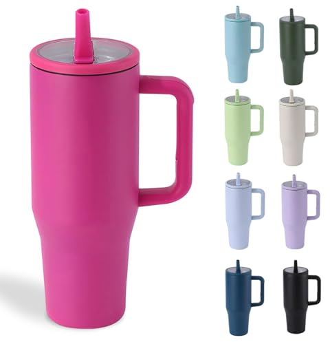 Moollyfox 1200ml/40oz Isolierbecher Auslaufsicher Edelstahl Doppelwandig Autobecher mit Strohhalm Kaffeetasse Kühlbecher Reisebecher mit Griff & Auslaufsicherer Deckel Rose
