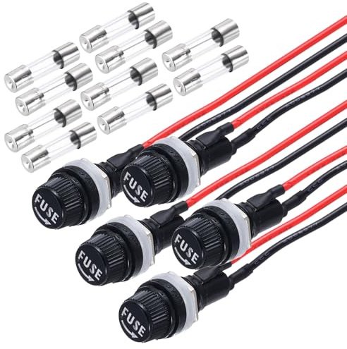 sourcing map 5 Pcs Panel Mount Fuse Holder, 5 x 20mm 10/15A DC 125/250V Ring Terminal Screw Cap Fuse Holders with Pre-Soldered Wires and Glass Tube Fuses