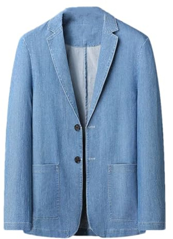 Hndudnff Blazer de mezclilla de manga larga para hombre con bolsillos, chaqueta de traje de negocios, ropa de abrigo delgada para fiestas, azul claro, 6XL