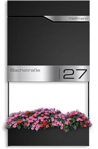 Metzler Briefkasten Tiefschwarz RAL9005 mit Blumenkasten, Zeitungsfach und Hausnummer – Wandbriefkasten personalisiert Laser Gravur – Postkasten mit Namensschild wasserdicht & rostfrei | Siebert Frame