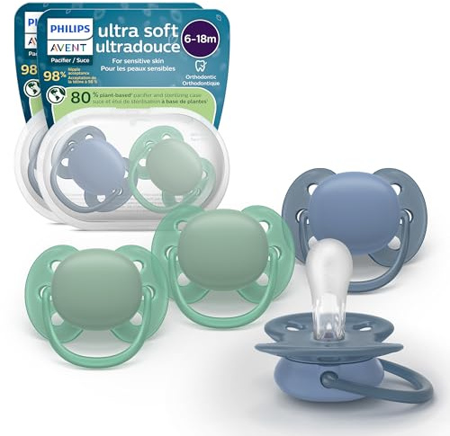 Philips Avent Ultra Soft Pacifiers - Orthodontic Design, for Babies 6-18 Months, Flexible Shield, Silicone Symmetrical Nipple, BPA-Free, 2 Sterilizing Cases, 4 Pack, SCF091/51