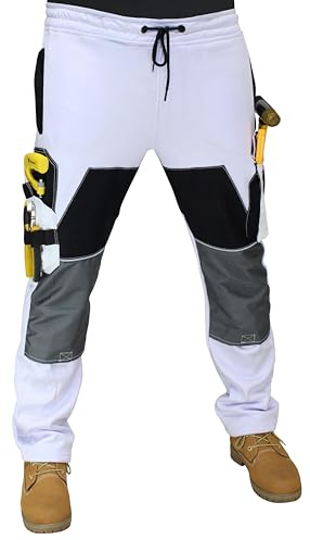 HASHOOB TRADING FZE Mens White Fleece Painter Decorators Work Trousers with Knee Pad Pocket Multi Cargo Pocket (Eight-White, M)