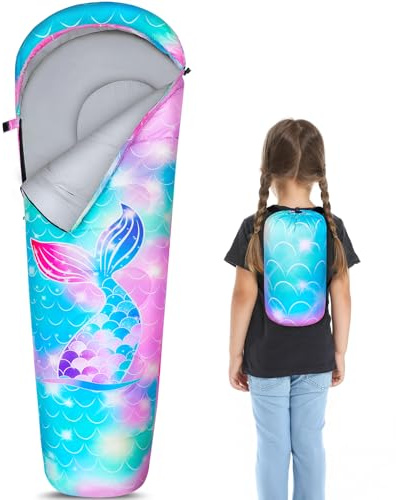 MHJY Kids Sleeping Bag for Girls Boys 3 Season Warm & Cool Weather Youth with Backpacking Bag Waterproof for Traveling Hiking Outdoor Camping Essentials
