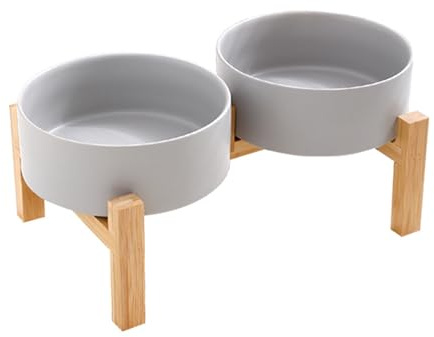 Set di ciotole per cani in ceramica rialzata con supporto in legno stabile Design antiscivolo Doppia ciotola per acqua alimentare stazione di alimentazione per animali domestici in ceramica rialzata