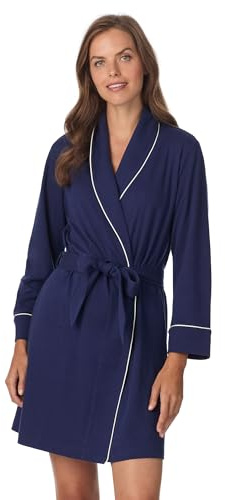 Anne Klein Womens Long Sleeve Knee Length Shawl Collar Robe - Lightweight & Breathable Cotton Blend Bathrobes for Women - Cozy Everyday Loungewear, Blue, S